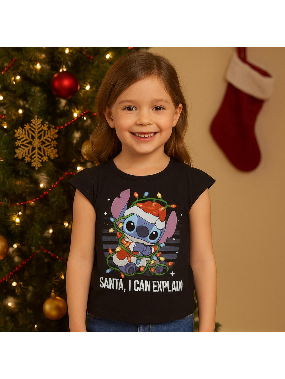 Disney Girls Graphic Shirt Top “Santa, I Can Explain”  STITCH Christmas Size XS